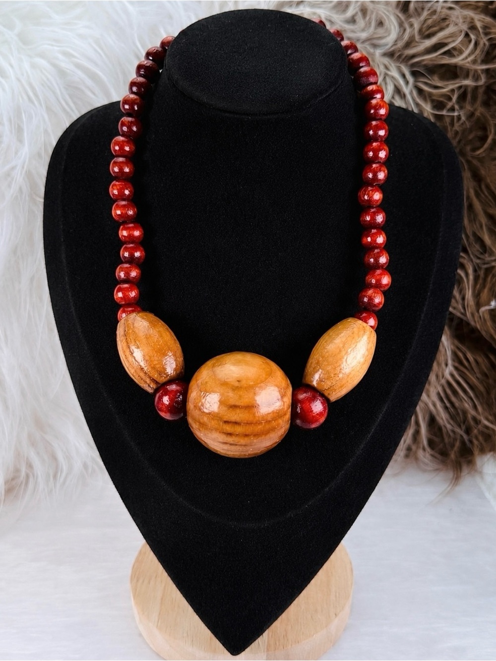 Vintage Wood Bead Statement Necklace Oversized Center Focal Red Brown Tones